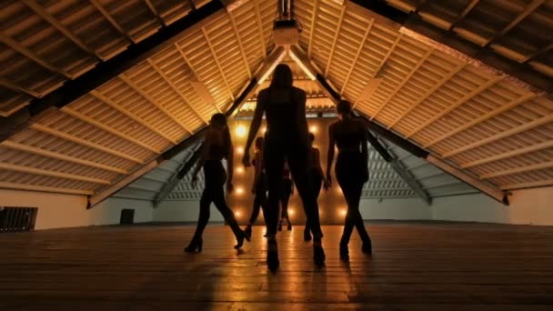 踊る女の子のシルエット。ゴーゴー ダンス。かなり女性グループの黄色のライトで暗いステージ上、ダンスのパフォーマンスをクローズ アップします。ハイヒールの女性のチームのダンス — ストック動画