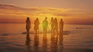 Büyük mutlu bir aile ya da grup beş arkadaşıyla birlikte karşı günbatımı plaj eğleniyor. Beach tatil kavramı. Plaj partisi. Güneş parlaması. Ağır çekim