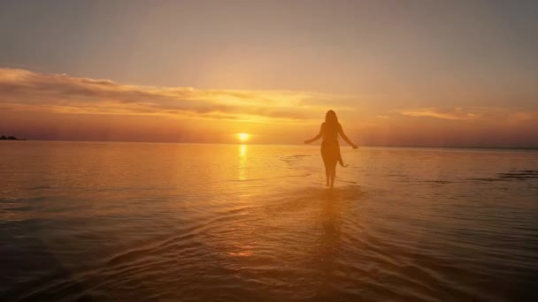 Brünette Frau in einem Kleid, das bei Sonnenuntergang oder Sonnenaufgang am Wasser entlang läuft. — Stockvideo