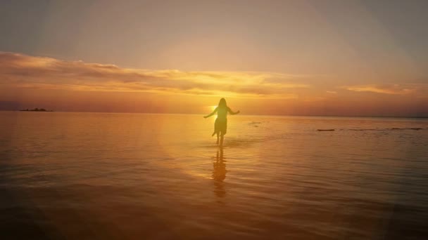 Brunett kvinna i en klänning som går längs vattnet på solnedgång eller soluppgång. — Stockvideo