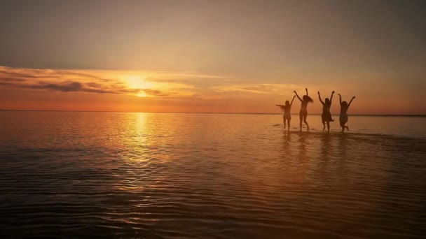 Skupina happy přátelé běží ve vodě při západu slunce - siluety aktivních lidí baví na pláži na dovolené