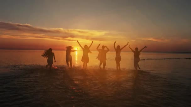 Gruppo di amici felici che corrono in acqua al tramonto - Silhouette di persone attive che si divertono sulla spiaggia in vacanza — Video Stock