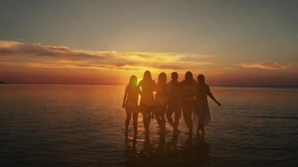 Grupo de cinco personas felices se sienta en el fondo de la playa de la puesta del sol vacía. Concepto de viajes o vacaciones en el mar — Vídeos de Stock