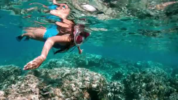 Unterwassermädchen schnorcheln in einem klaren tropischen Wasser am Korallenriff. junge Frau schwimmt über hellem Korallenriff im Meer vor dem Hintergrund eines tropischen Strandes — Stockvideo