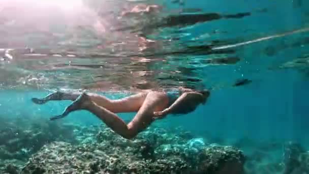 在热带海域的珊瑚礁上浮潜的年轻女士。有面具在清澈的水中浮潜的妇女 — 图库视频影像