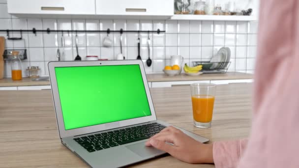 Piękna Brunetka patrzy się na ekran laptopa, apple jedzenia siedząc w domu wnętrz, młoda kobieta w ubranie jest za pomocą pc srebrzyste, wpisując w nowoczesną kuchnię z letniego. Koncepcja: przeglądanie sieci web — Wideo stockowe