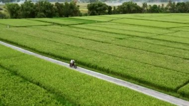 Kırsal yolda helikoptere binen genç bir adam. Güzel dağ yolu. motosikletle seyahat.