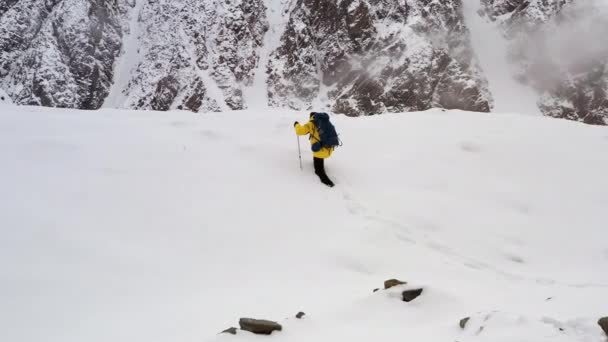산 탐험 공중 비행 서사시 산맥 등반 성공 아름다운 피크 겨울 휴가 탐험 모험 하이킹 관광 개념을 걷는 등산. — 비디오