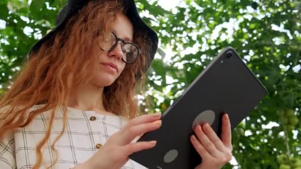 Mujer joven usando o jugando tableta en invernadero. Planta verde creciendo en una casa cálida . — Vídeo de stock