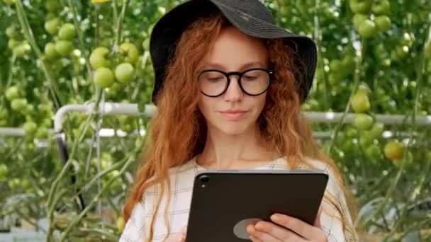 Mujer joven usando o jugando tableta en invernadero. Planta verde creciendo en una casa cálida . — Vídeos de Stock
