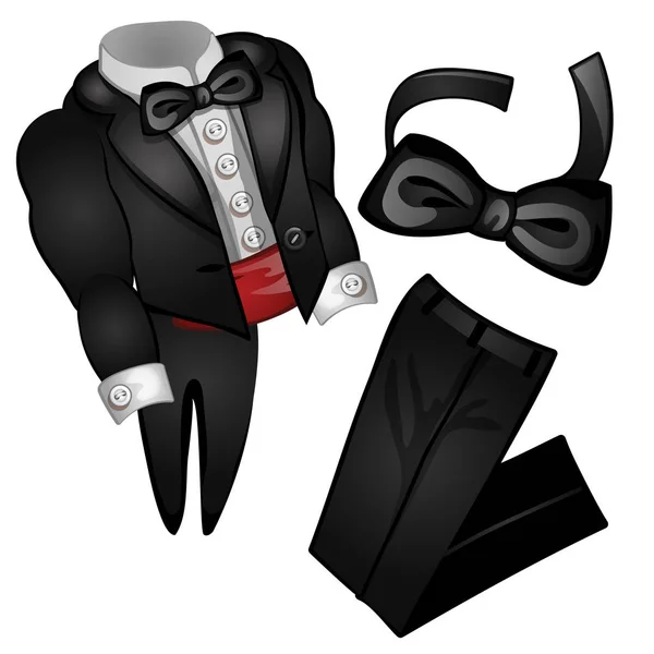 Männer Frack und Accessoires. stylische schwarze Männerkleidung für besondere Soiree. Bild im Cartoon-Stil. Vektor-Illustration isoliert auf weißem Hintergrund — Stockvektor