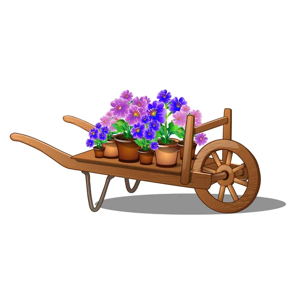 Trä vagn med krukväxter blommor isolerad på vit bakgrund. Tecknade vektor illustration närbild. — Stock vektor