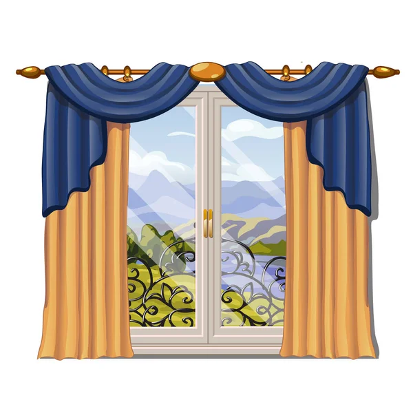 Das Fenster mit Blick auf die sonnige Wiese mit grünem Gras im Sommer isoliert auf weißem Hintergrund. Innenarchitektur luxuriöses Landhaus. Ein schöner Tag. Vektor Nahaufnahme Cartoon-Illustration. — Stockvektor