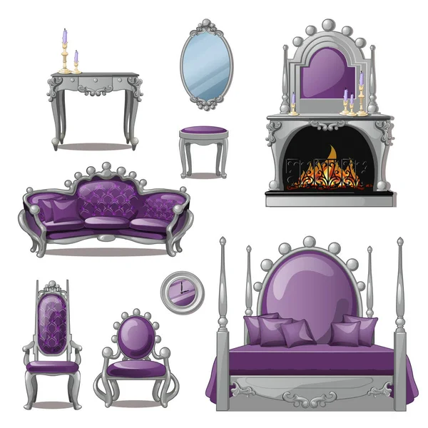 Un ensemble de meubles et accessoires pour l'intérieur du salon en gris et violet. Style vintage. Illustration vectorielle . — Image vectorielle