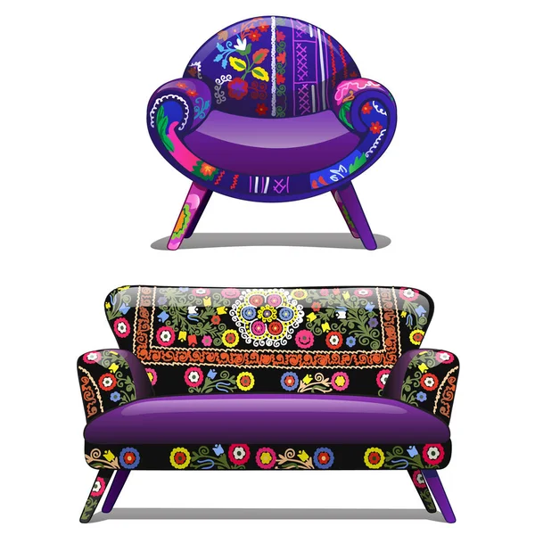 Canapé et chaise vintage avec un motif audacieux. Illustration vectorielle . — Image vectorielle