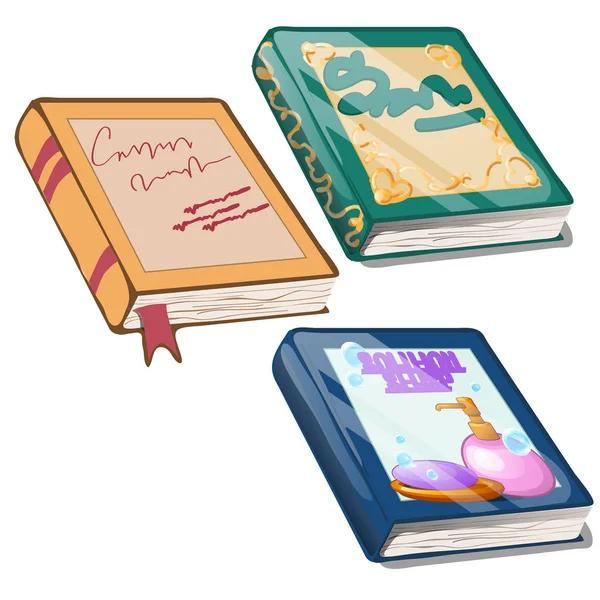 Set di libri con copertine colorate isolate su sfondo bianco. Illustrazione vettoriale . — Vettoriale Stock