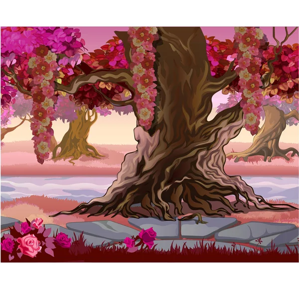 Floresta de fadas com árvores rosa. Natureza de fantasia. Ilustração vetorial . — Vetor de Stock