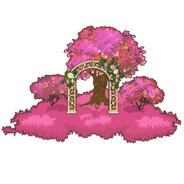 Ornate archway in the pink forest. Vector illustration.