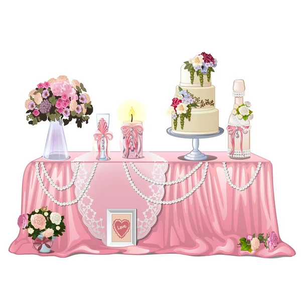Mesa decorada con parafernalia de boda aislada sobre fondo blanco. ilustración de primer plano de dibujos animados vectoriales . — Vector de stock
