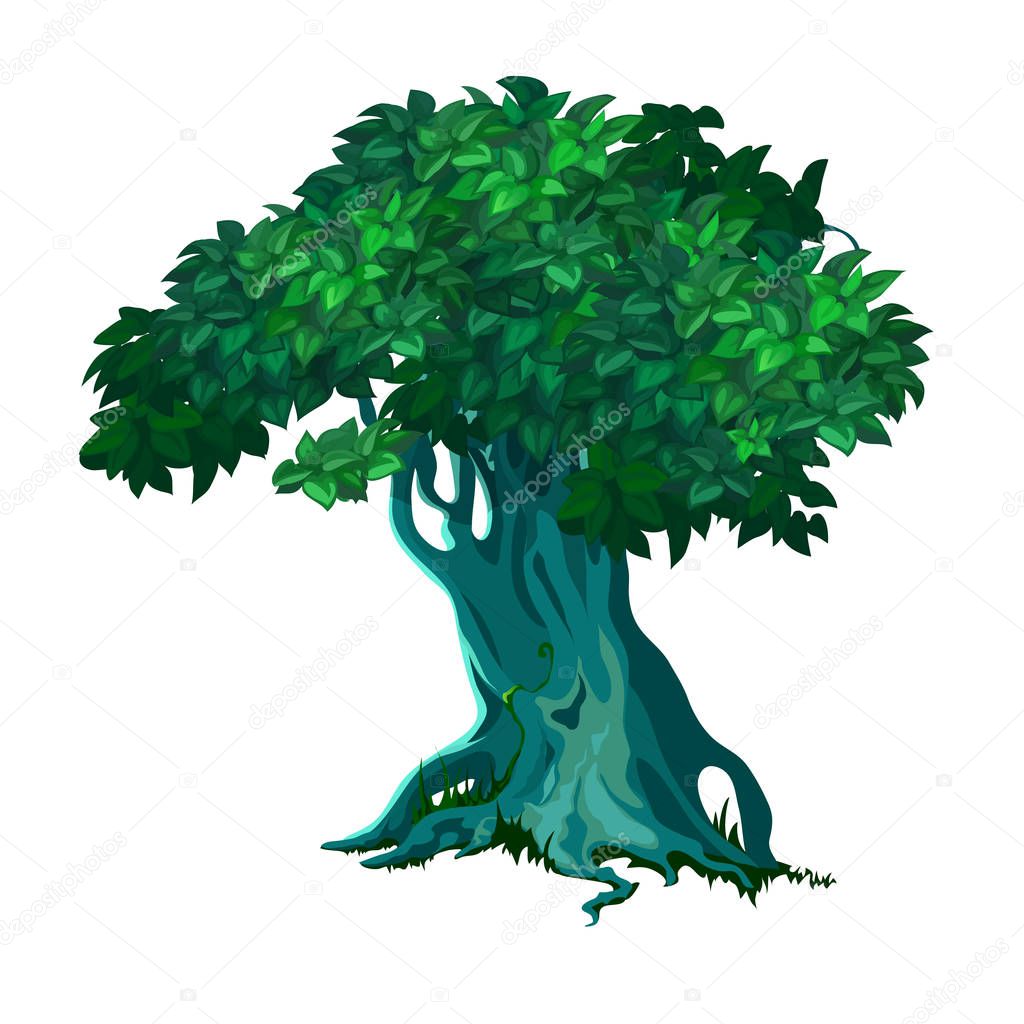 Lonely old deciduous tree isolated on white background. Vector cartoon close-up illustration.