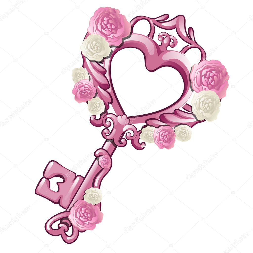 Beautiful vintage key in the shape of a pink heart decorated with patterns and flowers isolated on white background. Gift for loved on Valentine s day or wedding. Cartoon vector illustration close-up.