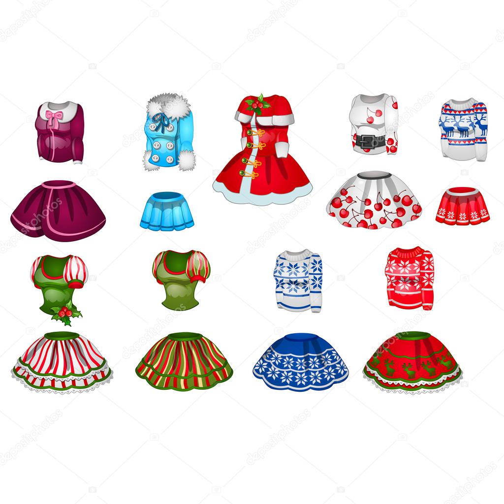 The set of elements of female clothes isolated on white background. Vector illustration.