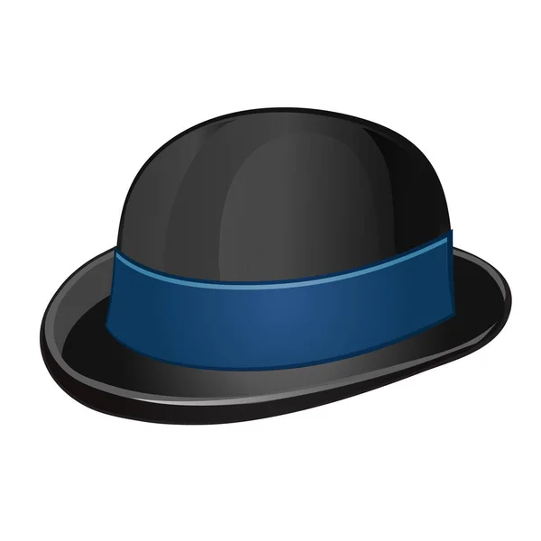 Un elegante sombrero de bolos negro con cinta azul aislada sobre un fondo blanco. Ilustración vectorial . — Vector de stock