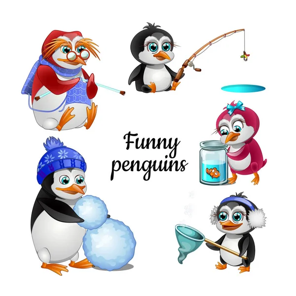 Conjunto de pinguins animados engraçados isolados em fundo branco. Animais de estimação . — Vetor de Stock