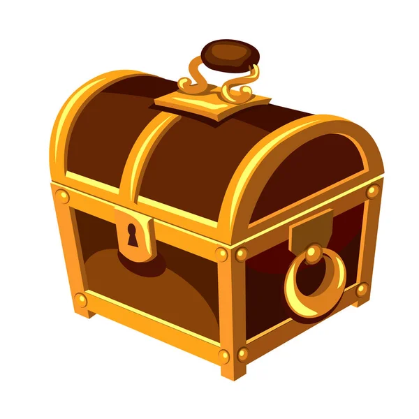 Vintage houten kist met gouden handvat scharnier geïsoleerd op een witte achtergrond. Vectorillustratie cartoon close-up. — Stockvector