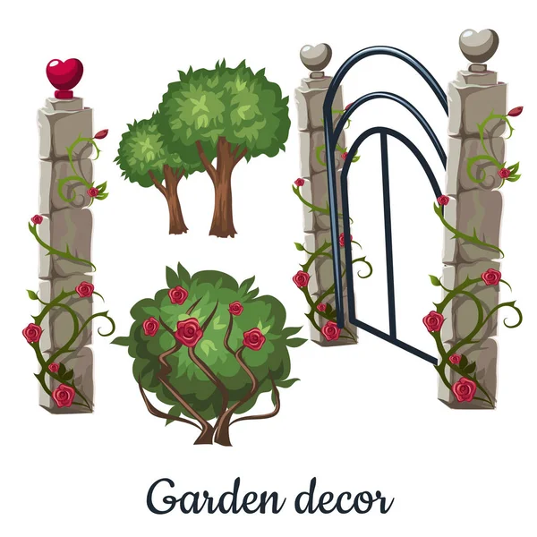 Portão de pedra coberto de rosas. Decoração de jardim. Ilustração vetorial . — Vetor de Stock