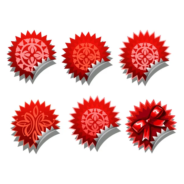 Het aantal rode stickers met een bowknot geïsoleerd op een witte achtergrond. Cartoon close-up vectorillustratie. — Stockvector