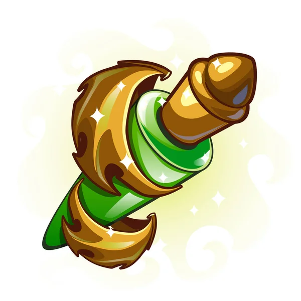 Líquido verde em uma garrafa adornada com asas de dragão dourado. Ilustração vetorial . —  Vetores de Stock