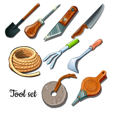 The universal set of tools and fixtures is isolated on a white background. Cartoon vector illustration close-up. clipart
