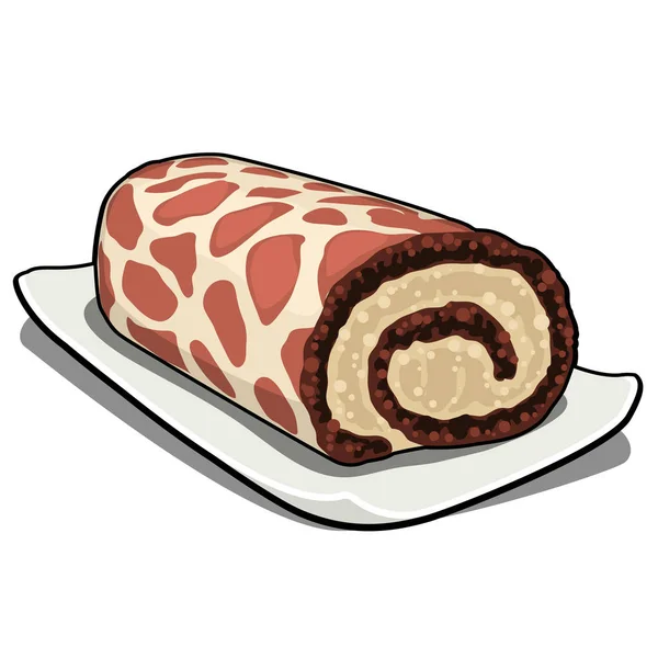 Biscoito delicioso rolo suíço com creme com uma textura na forma de manchas de uma girafa isolada em um fundo branco. Amostra item crianças menu café. Ilustração vetorial . — Vetor de Stock