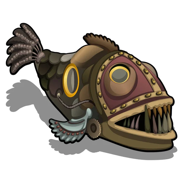 Fangtooth vis in de stijl van stoom punk geïsoleerd op een witte achtergrond. Cartoon close-up vectorillustratie. — Stockvector