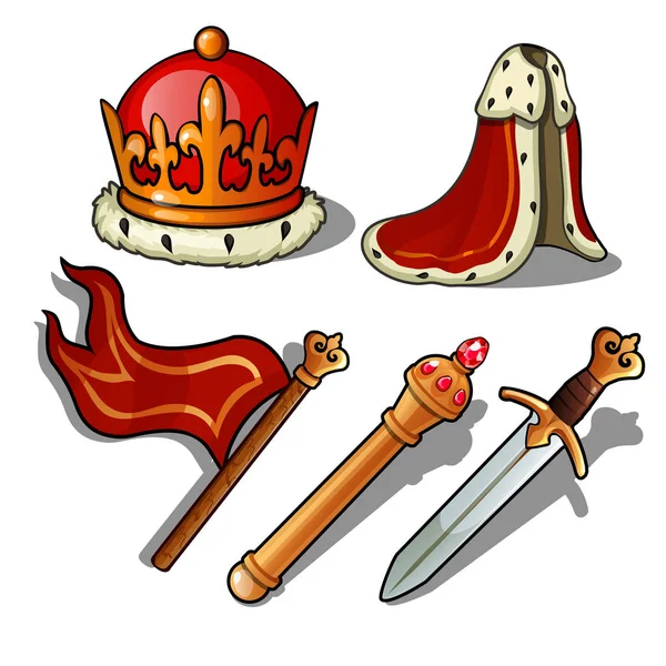 Les attributs du roi. Couronne, manteau, bannière, sceptre et épée. Illustration vectorielle . — Image vectorielle