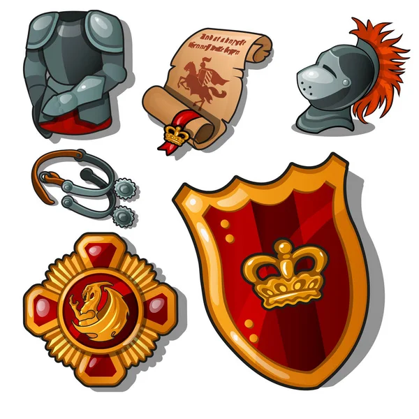 Os atributos de um cavaleiro medieval isolado sobre fundo branco. Armadura, escudo e recompensa. Ilustração vetorial . —  Vetores de Stock