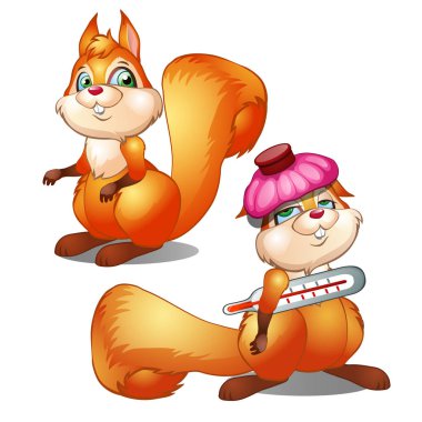 Beyaz arka plan üzerinde izole sincap sağlıklı ve hastalıklı. Vektör karikatür yakın çekim Şekil.