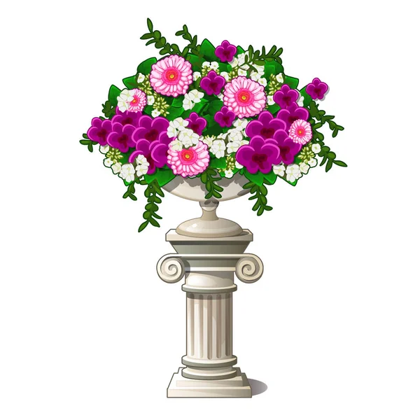 Vintage marble vase with flowers in the form of an ancient column isolated on white background. Element of landscape design of the park. Vintage architecture. Vector cartoon close-up illustration. — Stock Vector