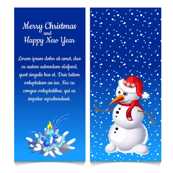 Το μοτίβο της διπλή κατακόρυφη Χριστουγεννιάτικη κάρτα με χιονάνθρωπο και δείγμα κειμένου. Εικονογράφηση διάνυσμα. — Διανυσματικό Αρχείο