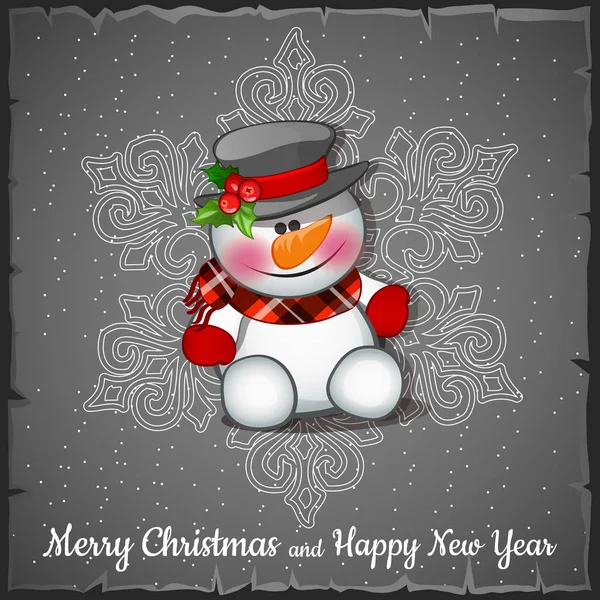 Snögubbe på bakgrunden av grå snöflingor. Skiss för gratulationskort, festlig affisch eller inbjudningar. Attributen för jul och nyår. Vektorillustration. — Stock vektor