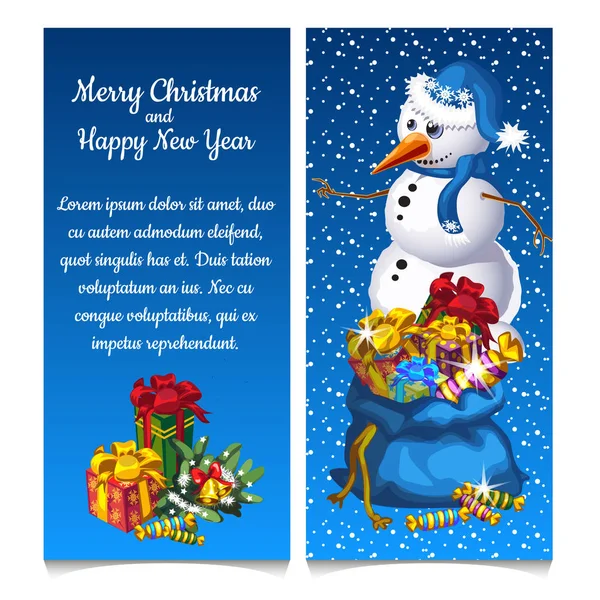 Placa vertical dupla com boneco de neve com saco de presentes. Esboço para cartão de saudação, cartaz festivo ou convites de festa com espaço para o seu texto. Os atributos do Natal e Ano Novo. Ilustração vetorial —  Vetores de Stock