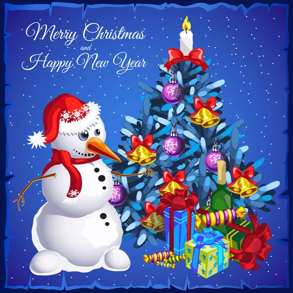 Tarjeta de Navidad de la plantilla. Hombre de nieve cerca del árbol de Navidad con regalos. Ilustración vectorial . — Archivo Imágenes Vectoriales