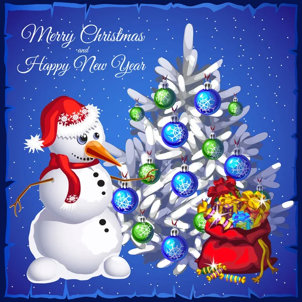 Vorlage Weihnachtskarte. Schneemann neben Weihnachtsbaum mit Geschenken. Vektorillustration. — Stockvektor