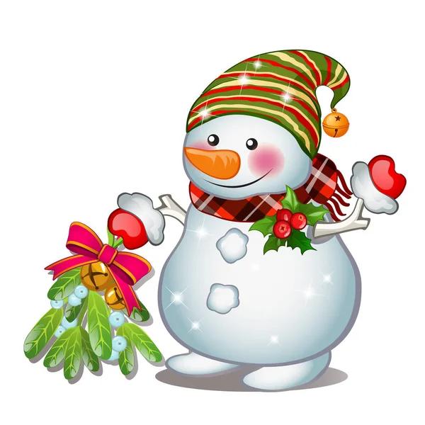 Ein lächelnder Schneemann mit gestreifter Mütze. Skizze für Grußkarte, Festplakat oder Party-Einladungen. Die Attribute von Weihnachten und Neujahr. Vektorillustration. — Stockvektor