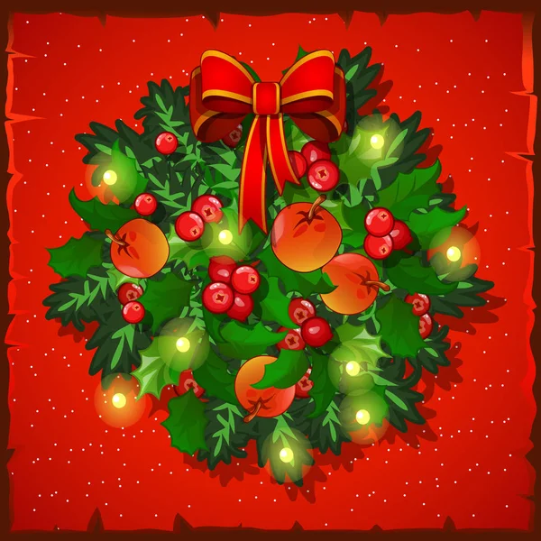 Tarjeta de Navidad de la plantilla. Corona festiva con lazo. Ilustración vectorial . — Vector de stock