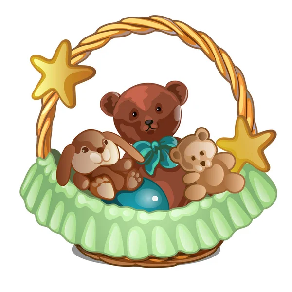 Set of plush bears and a rabbit in wicker basket isolated on white background. Sketch for greeting card, festive poster or party invitations. Vector illustration. — Stock Vector