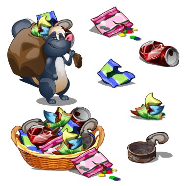 Happy skunk carries a bag of garbage. Vector illustration. clipart