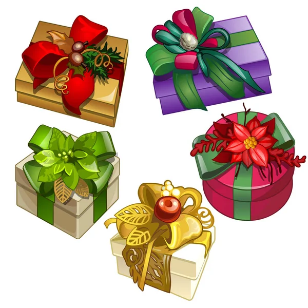 Conjunto de cajas de regalo atadas con cintas con un bowknot de diseño y decoraciones aisladas. Boceto para tarjetas de felicitación, carteles festivos o invitaciones de fiesta.Los atributos de Navidad y Año Nuevo. Vector . — Archivo Imágenes Vectoriales