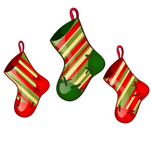 Conjunto de calcetines colgantes de colores rojo y verde aislados sobre fondo blanco. Boceto para la tarjeta de felicitación, cartel festivo, invitaciones de fiesta.Los atributos de Navidad y Año Nuevo. Ilustración vectorial — Vector de stock